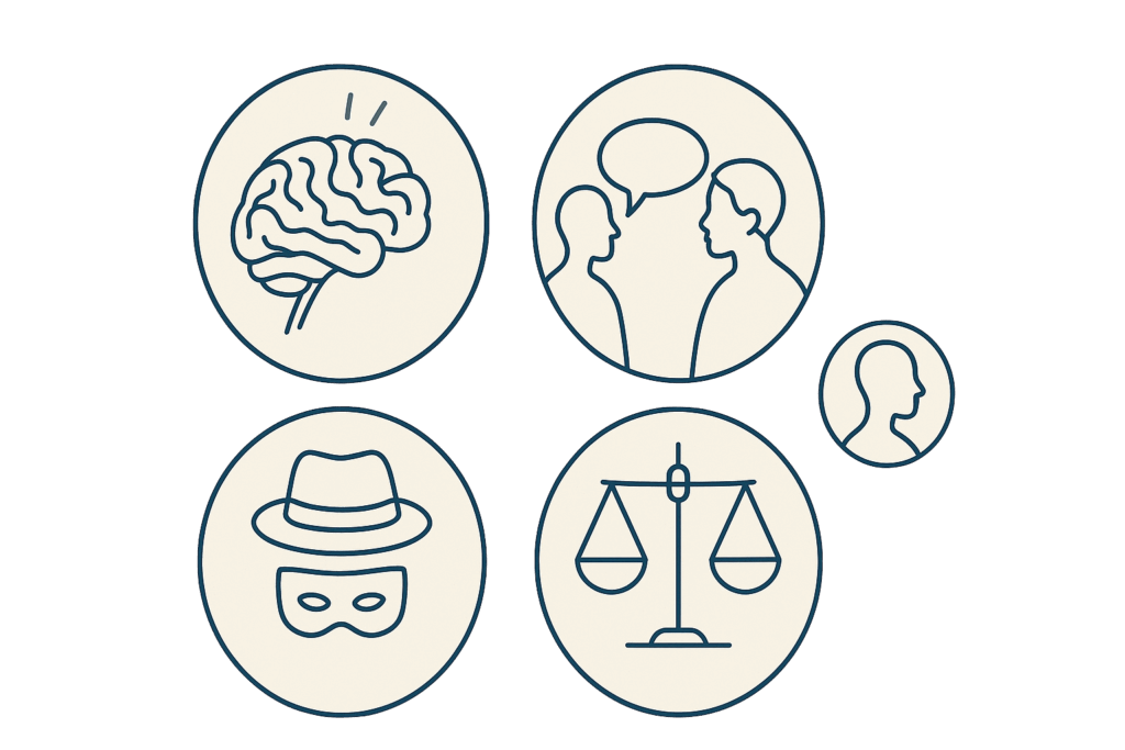 Icone che esprimono il concetto di psicologia, crimine e giustizia