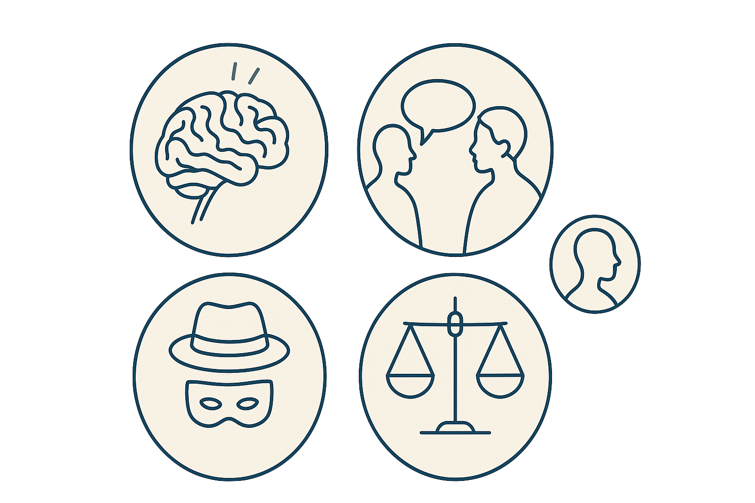 Icone che esprimono il concetto di psicologia, crimine e giustizia